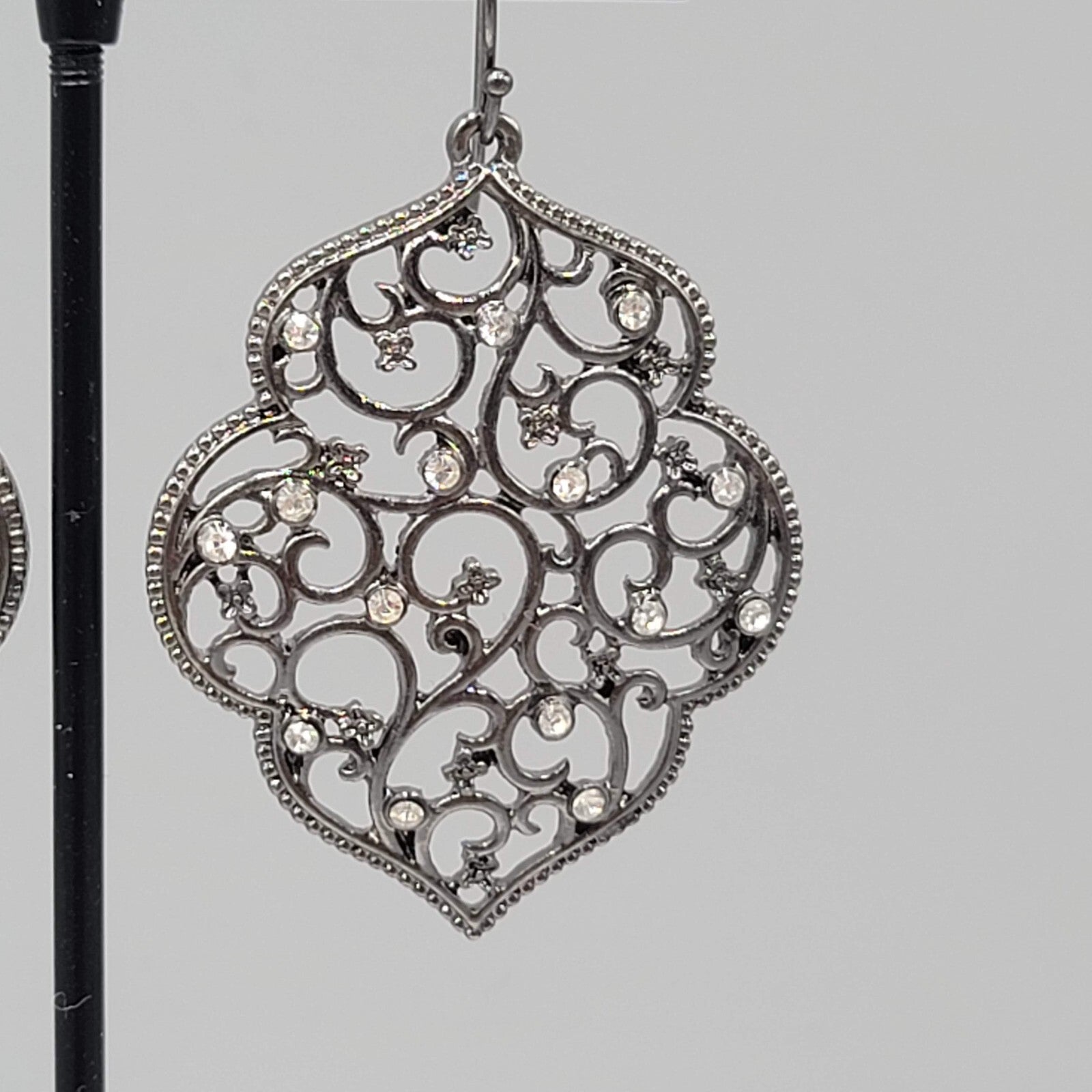 Pierced Earrings Black Metal Crystal Rhinestone Filigree Dangle 1.75"