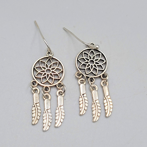 Dream Catcher Feather Pierced Earrings Silver tone Dangle 1.25 in