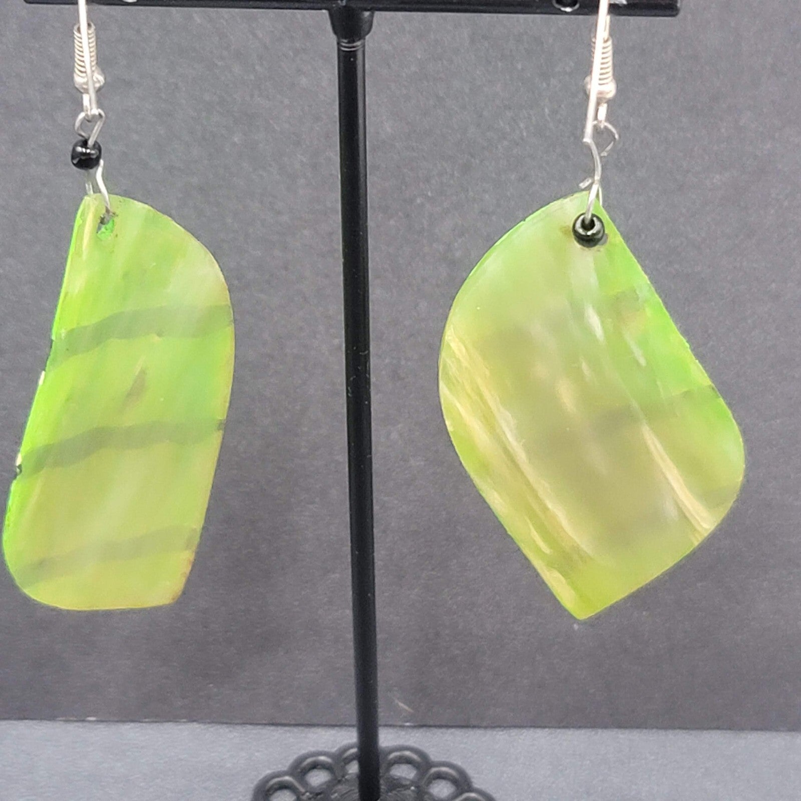 Pierced Earrings Silver tone Green Shell Hand Painted Dangle Acrylic 2.25"