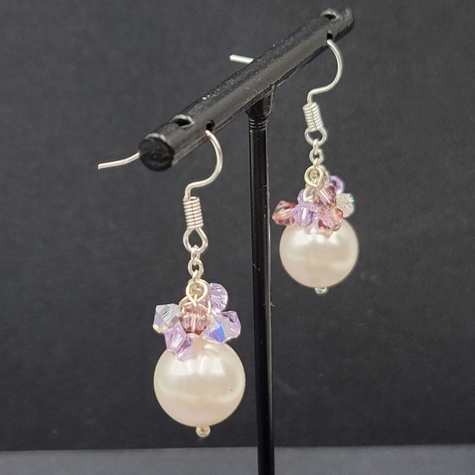 Pierced Earrings Purple Crystal Faux Pearl Beaded Dangle 1"