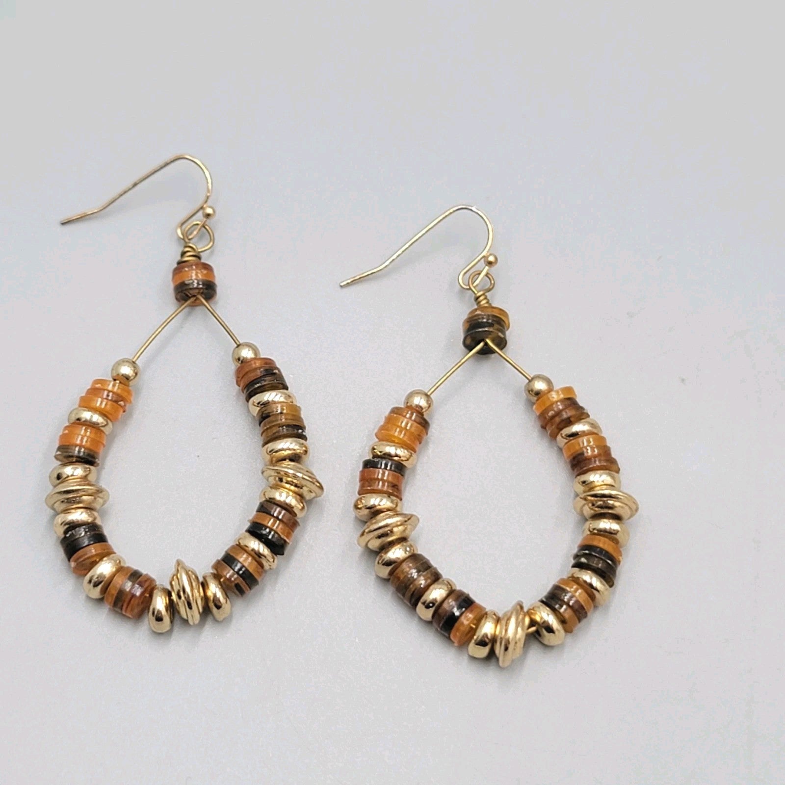 Beaded Teardrop Hoops Pierced Earrings Gold tone Dangle 2"