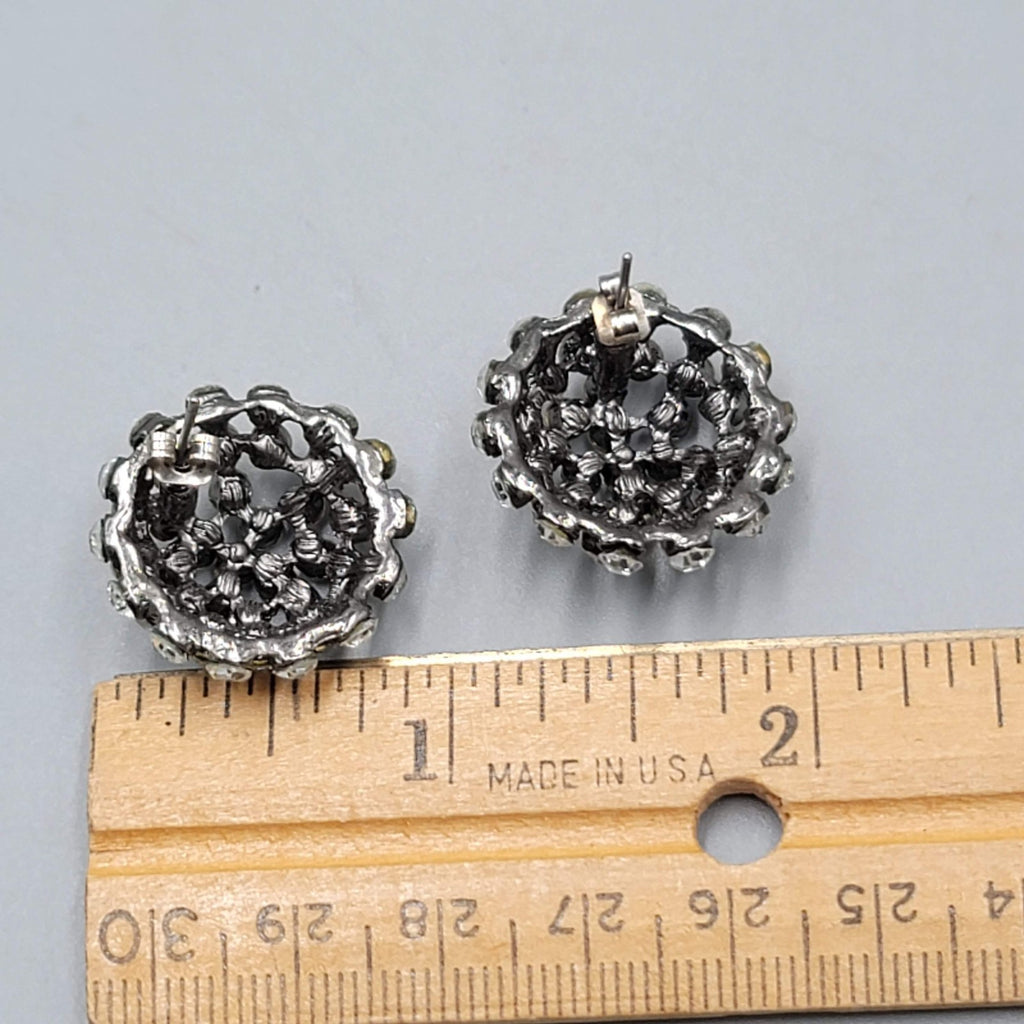 Crystal Dome Pierced Earrings Black Metal Drop 7/8 in