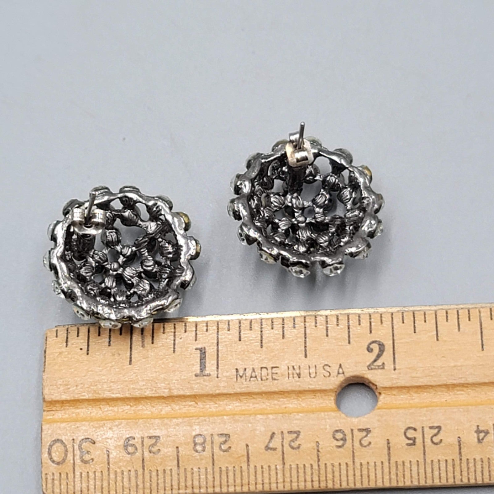 Crystal Dome Pierced Earrings Black Metal Drop 7/8 in