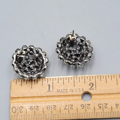 Crystal Dome Pierced Earrings Black Metal Drop 7/8 in