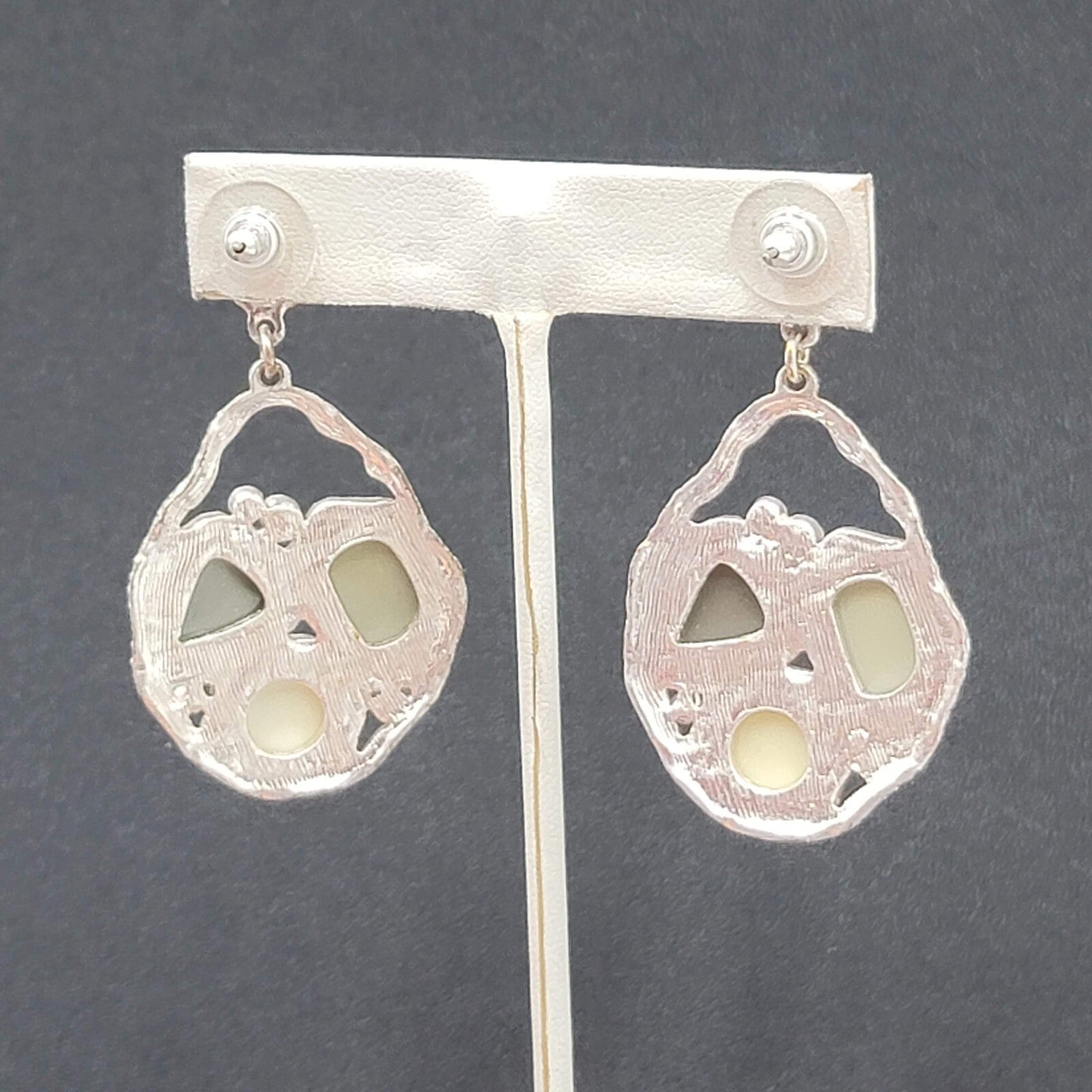 Pierced Earrings Silver tone Green Acrylic Rhinestone Statement Dangle 2.25"