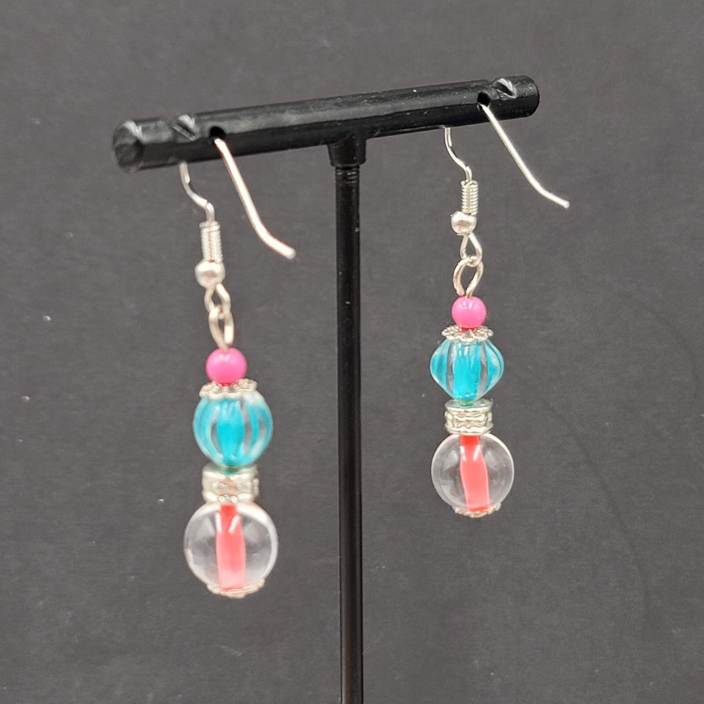 Pink Blue Glass Bead Pierced Earrings Silver tone Dangle 1.25"