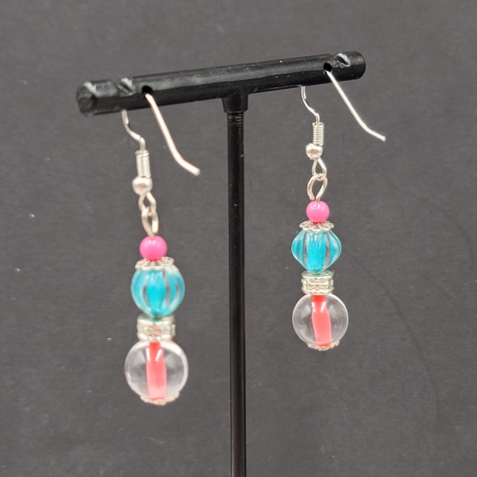 Pink Blue Glass Bead Pierced Earrings Silver tone Dangle 1.25"
