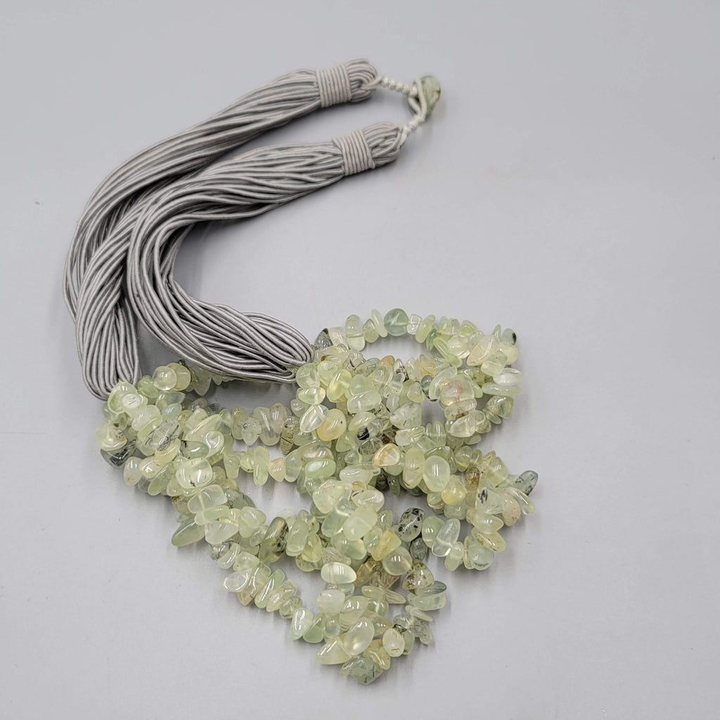 Artisan Light Green Stone Cluster Statement Necklace Multi Strand Gray Cord 20"