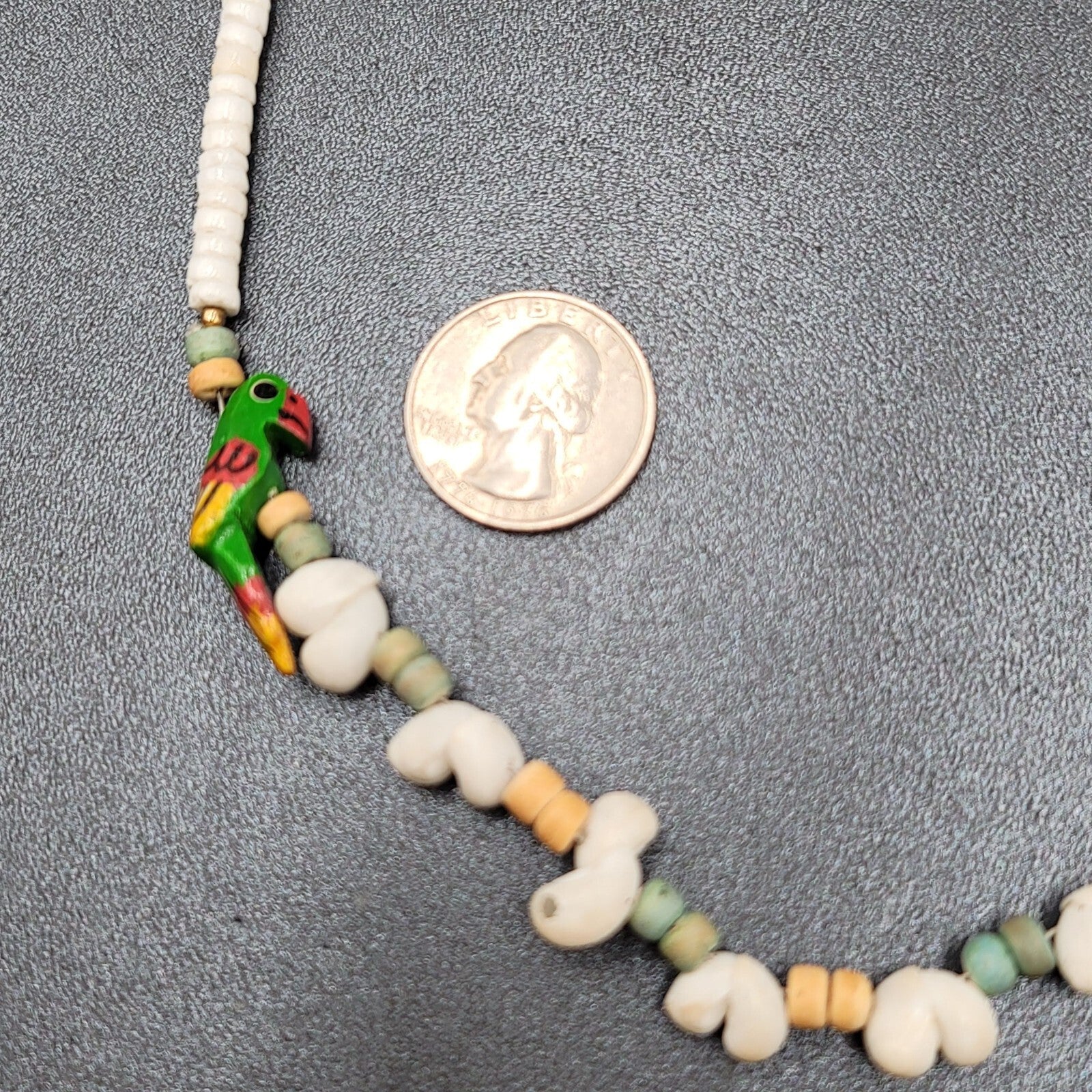 Vintage Shell Necklace Wood Hand Painted Parrot Beads 18"