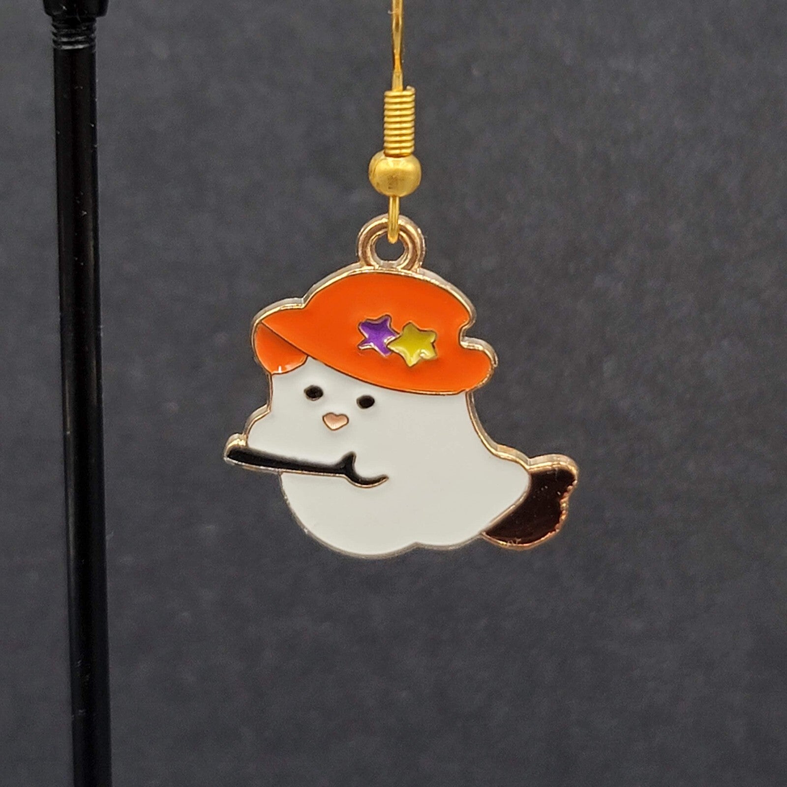 Halloween Witch Ghost Pierced Earrings Gold tone Enamel Dangle New 7/8"