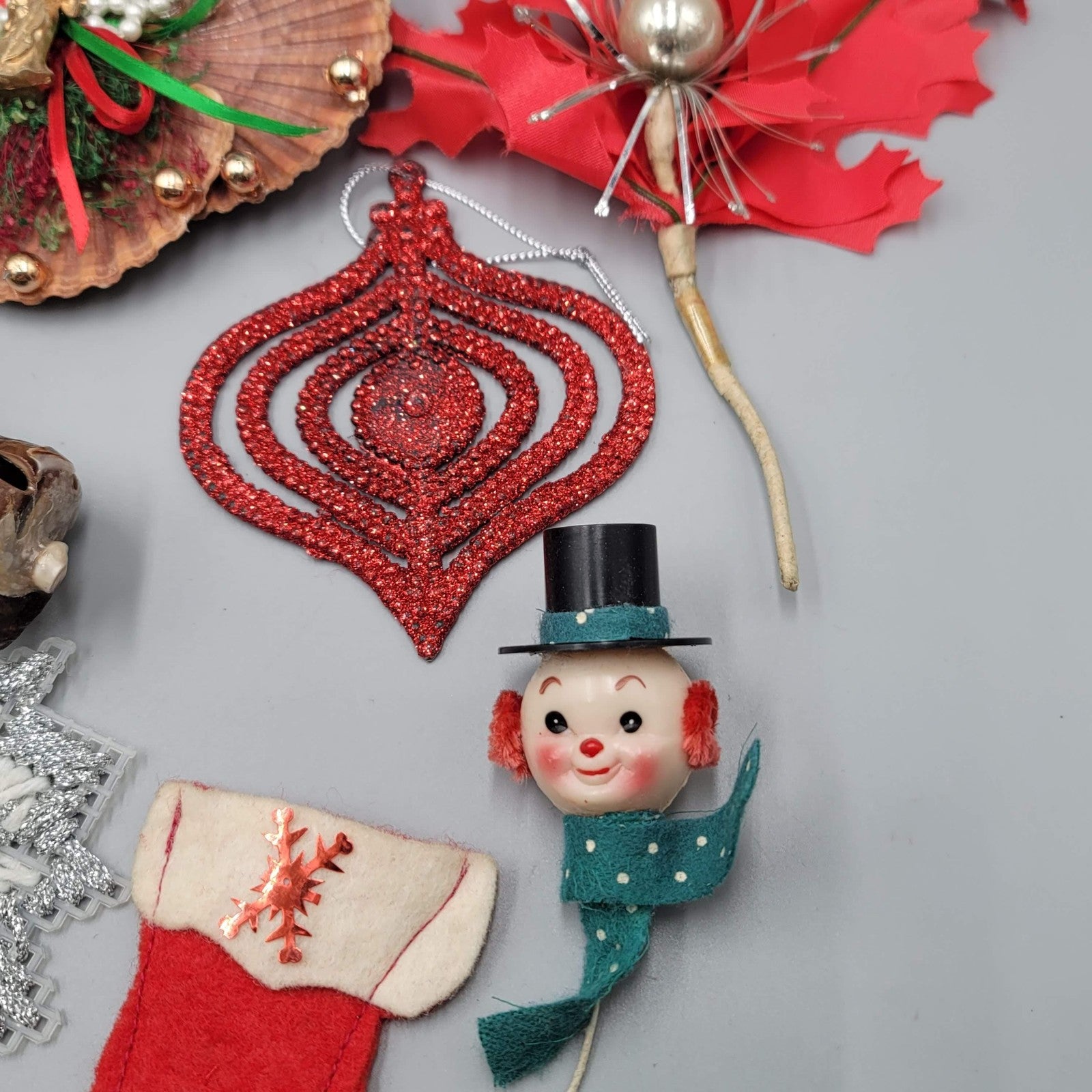 Vintage Christmas Ornaments Lot Red Plastic Chain Snowman Shell Angel