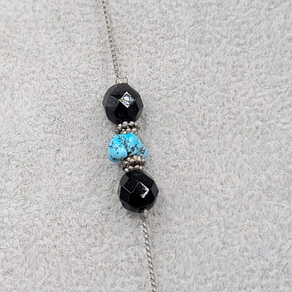 Black Bead Blue Stone Long Station Necklace Silver tone 30 in