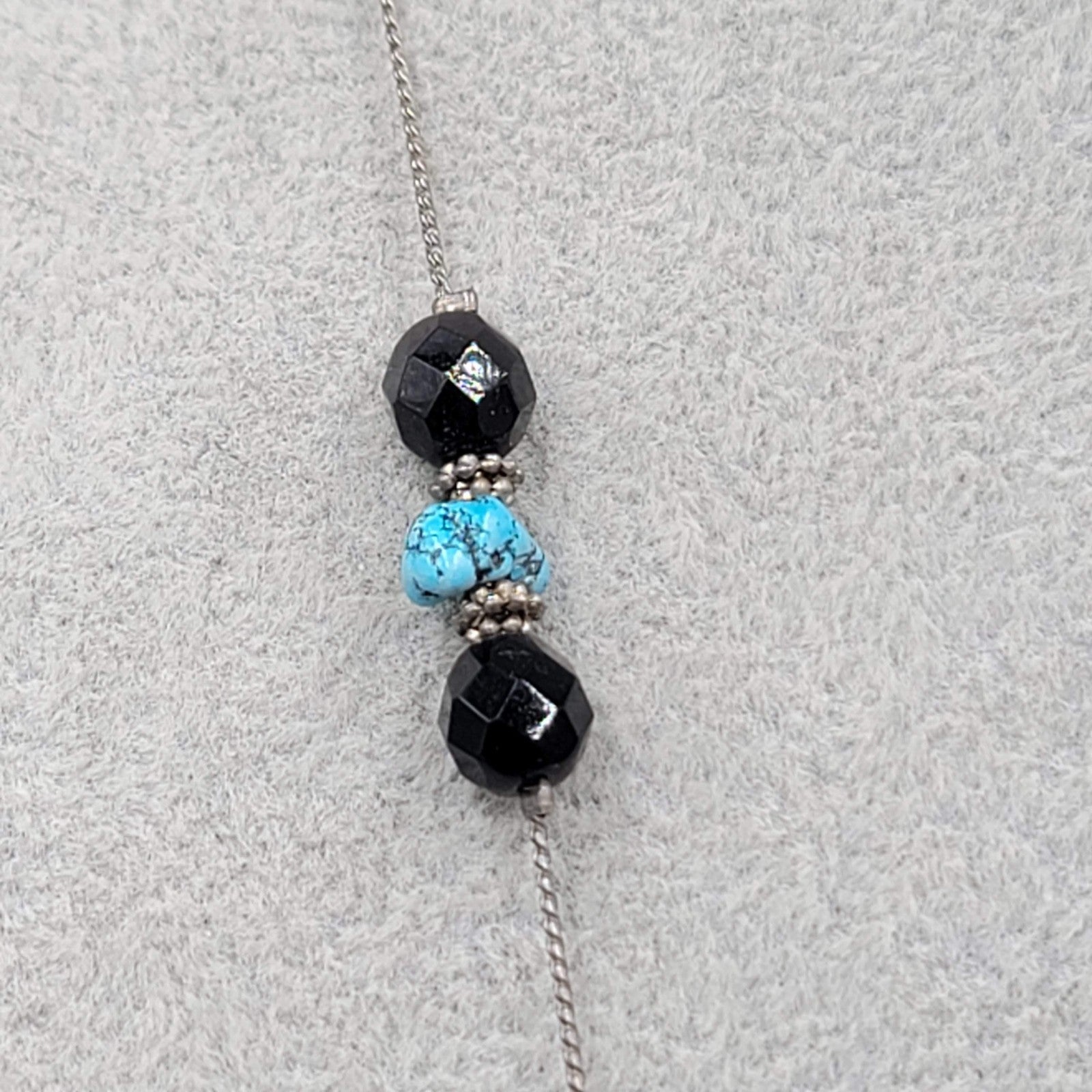 Black Bead Blue Stone Long Station Necklace Silver tone 30 in