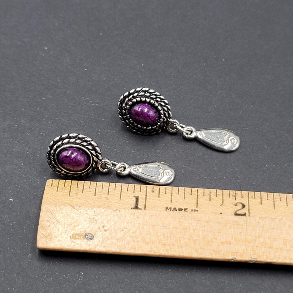 Vintage Pierced Earrings Silver tone Dangle Purple Cabochon 1.25"