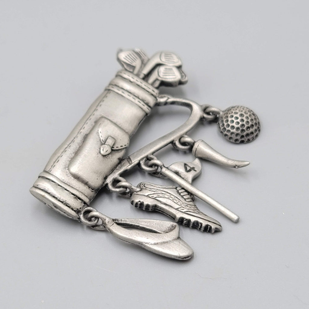 Vintage JJ Brooch Golf Clup Charms Silver tone Pewter 2 in