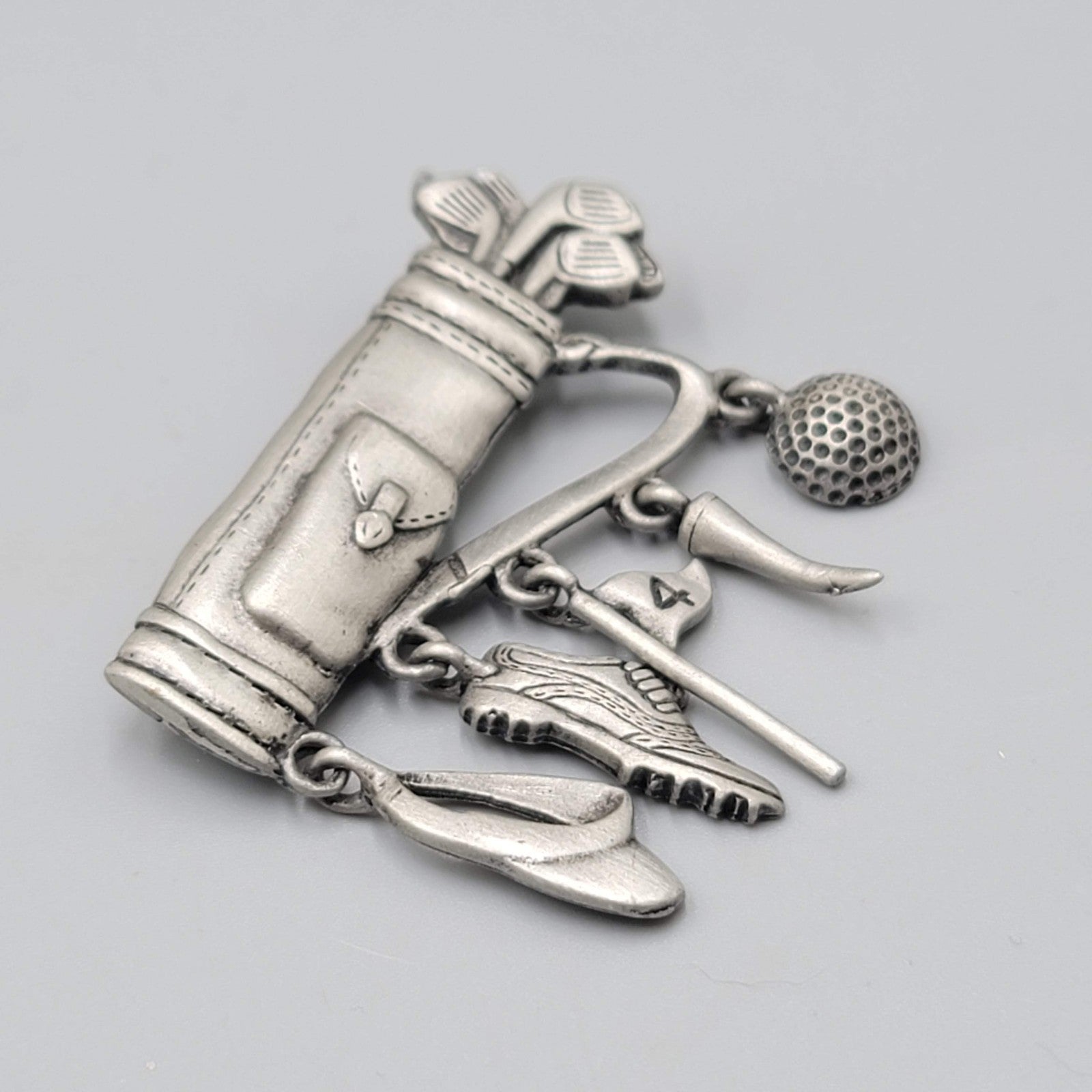Vintage JJ Brooch Golf Clup Charms Silver tone Pewter 2 in