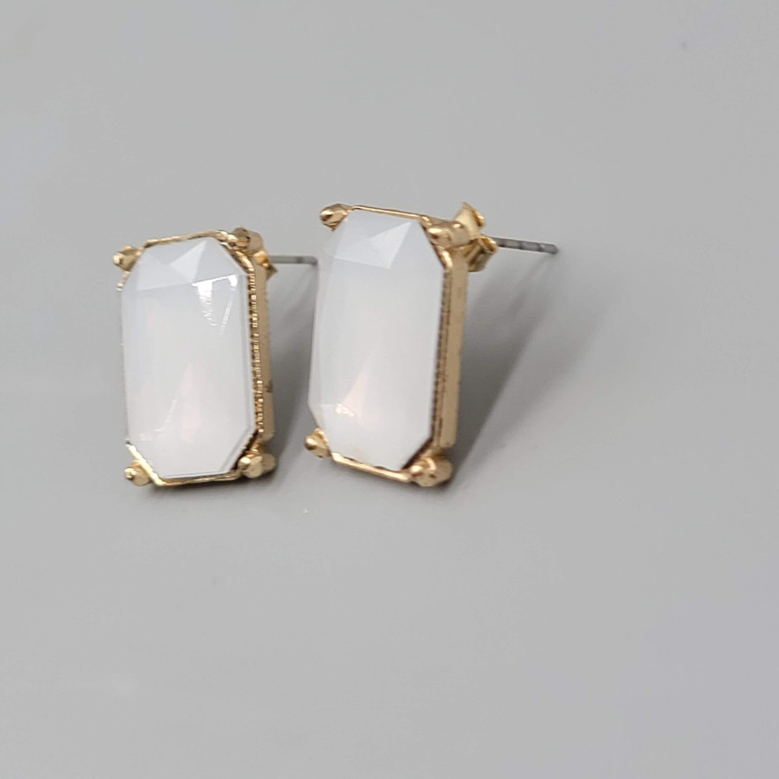 Opaque White Rectangle Pierced Earrings Gold tone Drop 3/4"