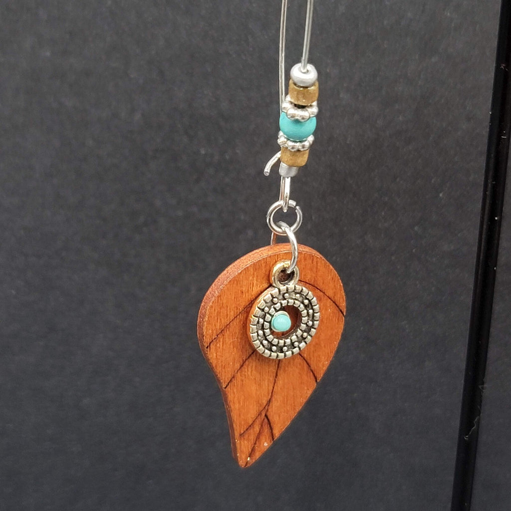 New Boho Pierced Earrings Long Hook Wood Leaf Beaded Dangle 2.75"