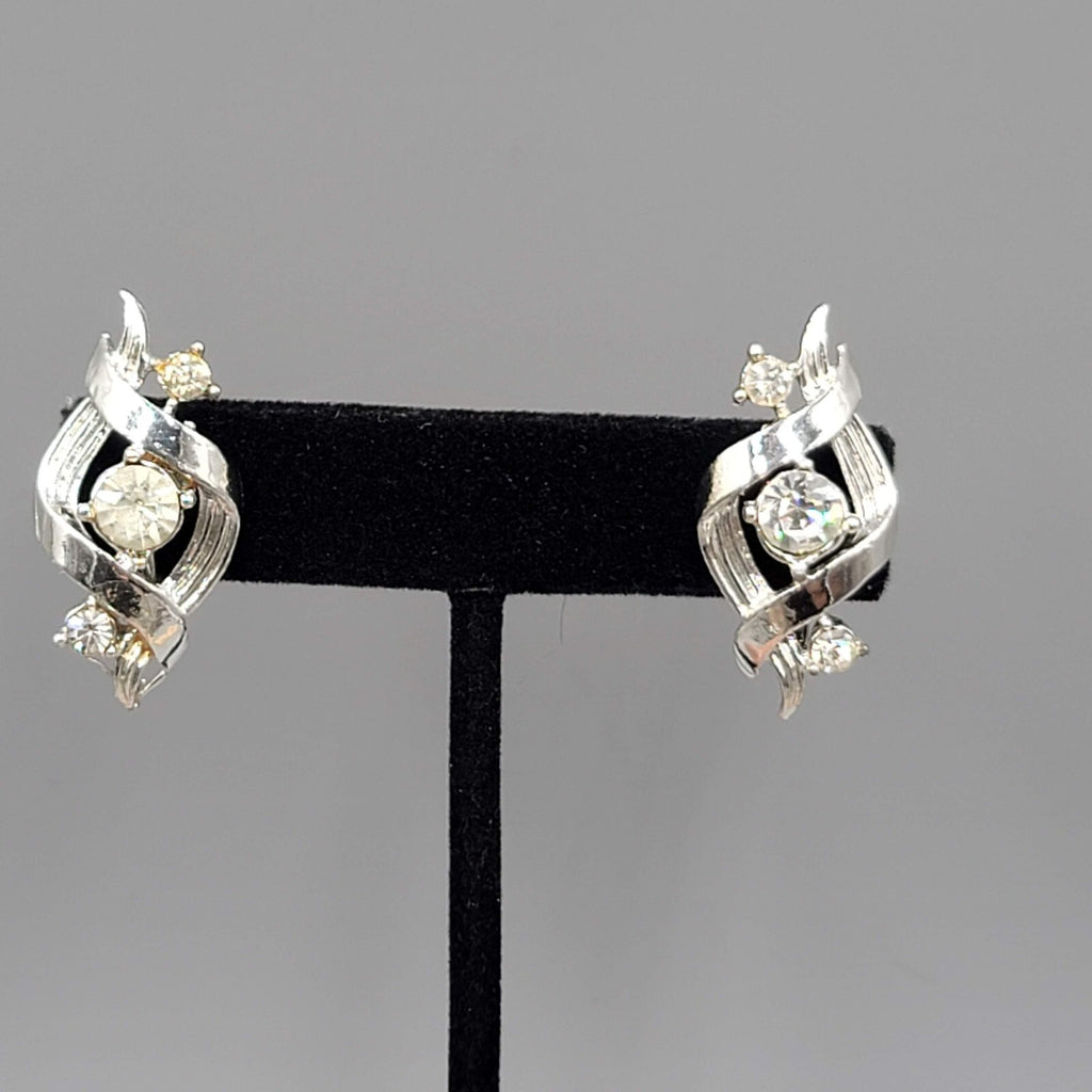 Vintage Clip on Earrings Silver tone Climber Rhinestone Twirl 1 1/8"