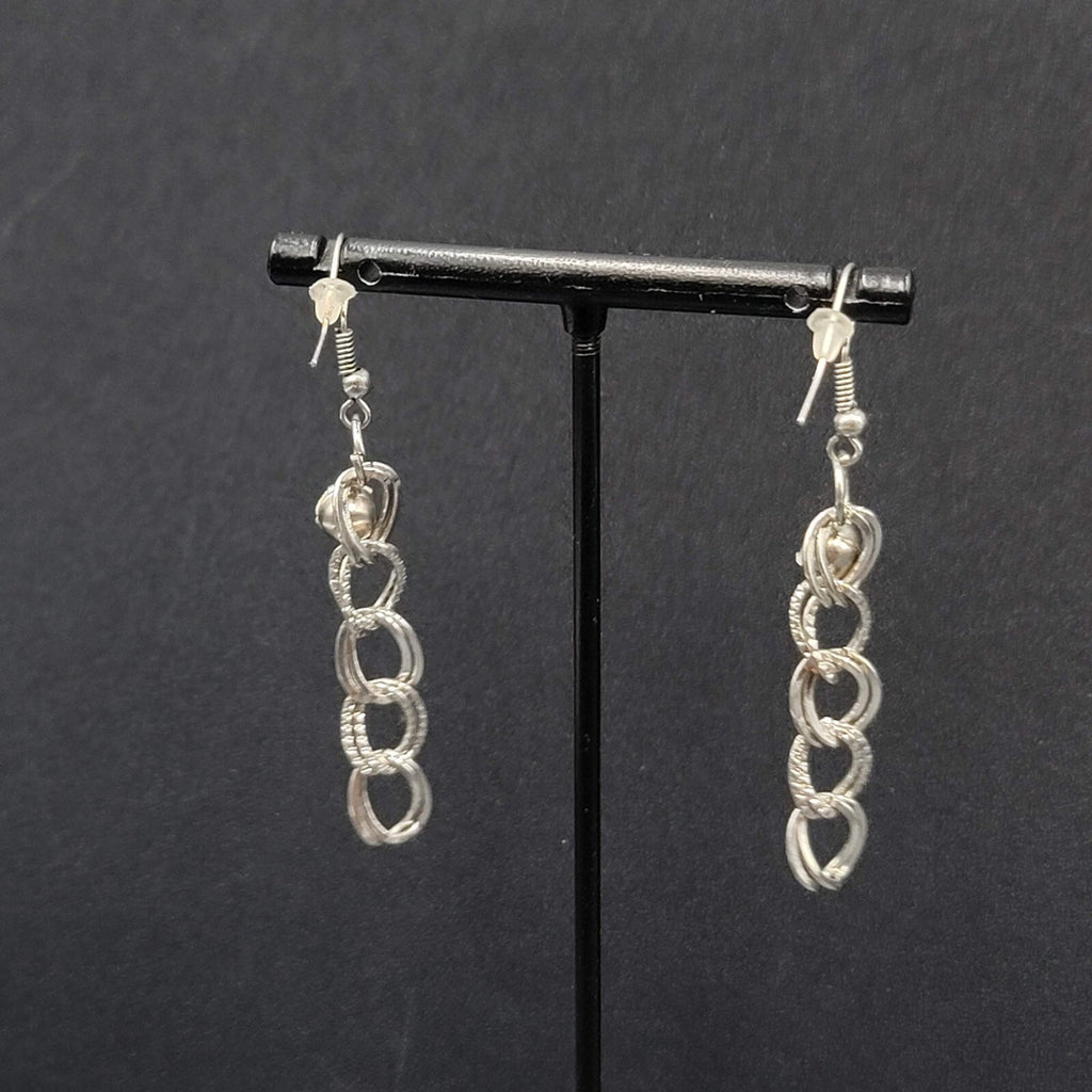 Pierced Earrings Hammered Dangle Chains Rhinestone 1.75"