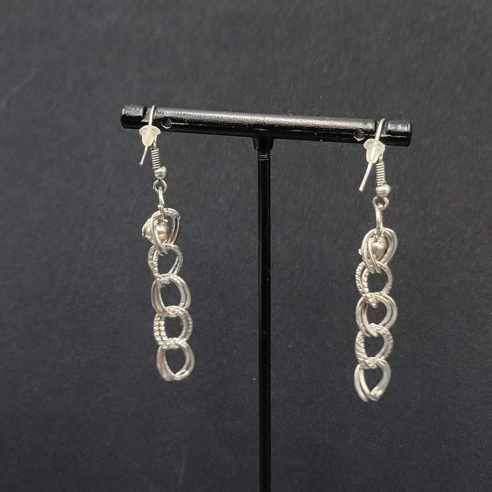 Pierced Earrings Hammered Dangle Chains Rhinestone 1.75"