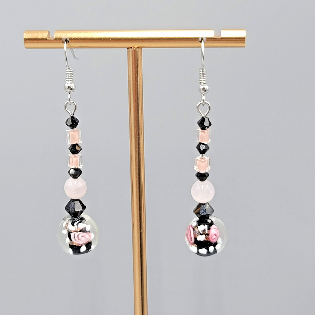 Pink Flower Art Glass Pierced Earrings Black & Silver tone Dangle  1.75"