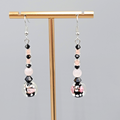 Pink Flower Art Glass Pierced Earrings Black & Silver tone Dangle  1.75"