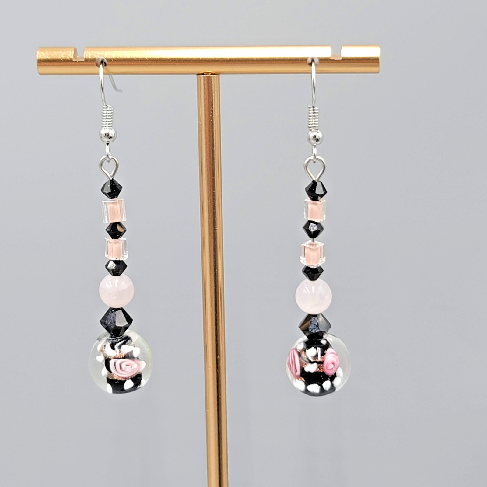 Pink Flower Art Glass Pierced Earrings Black & Silver tone Dangle  1.75"