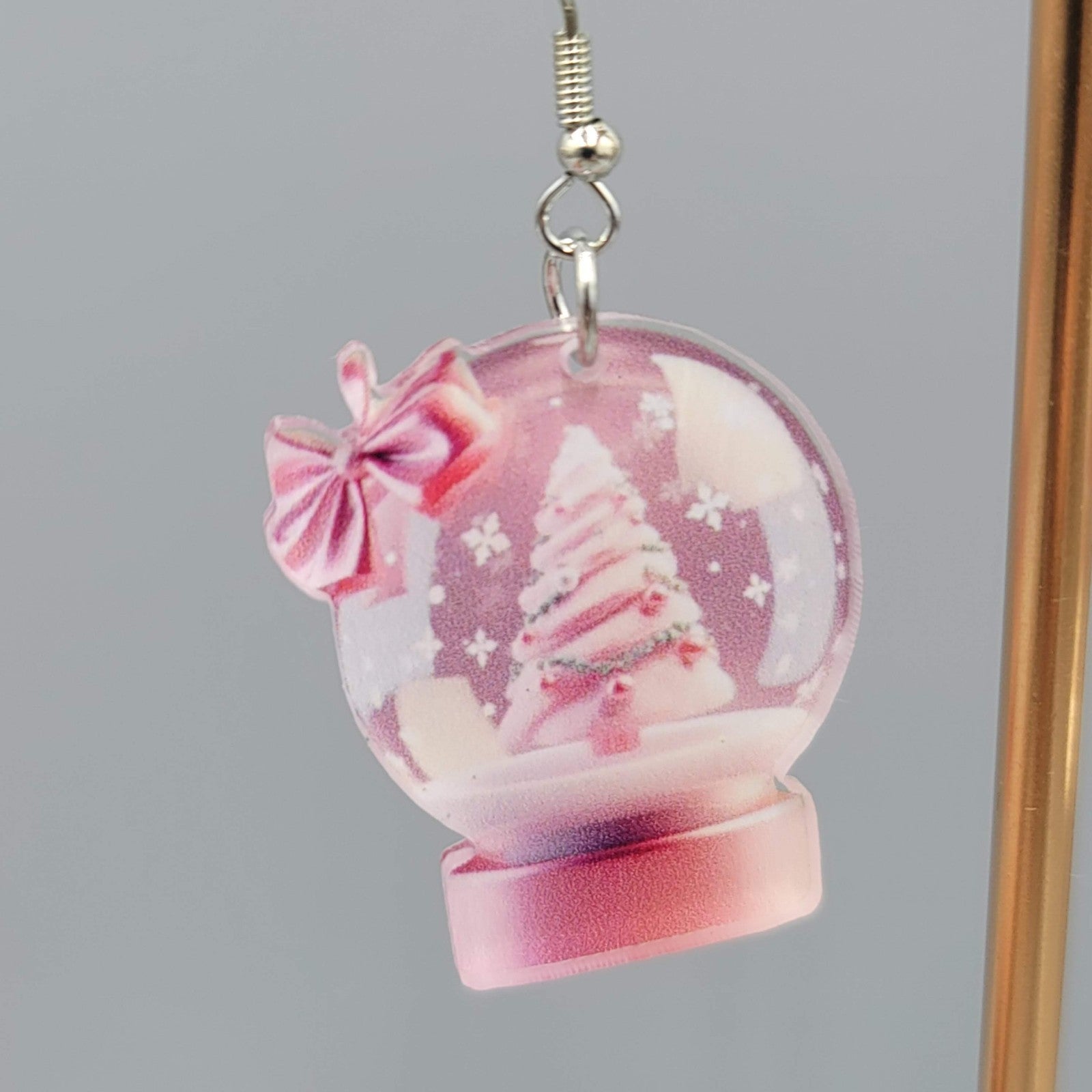 Christmas Snow Globe Pierced Earrings Silver tone Dangle Pink Tree Acrylic 1.25"