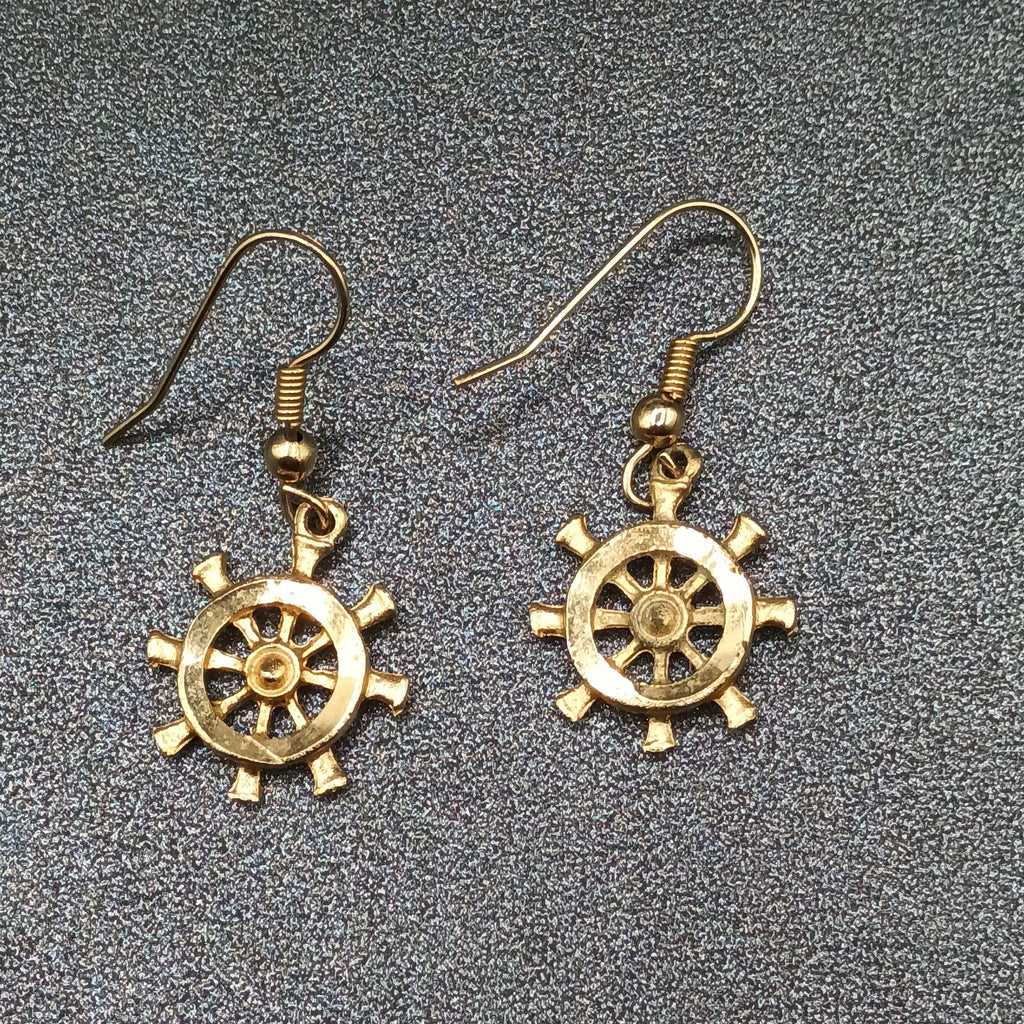 Pierced Earrings Gold tone Ship Wheel Nautical Theme Dangle 3/4"
