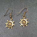 Pierced Earrings Gold tone Ship Wheel Nautical Theme Dangle 3/4"