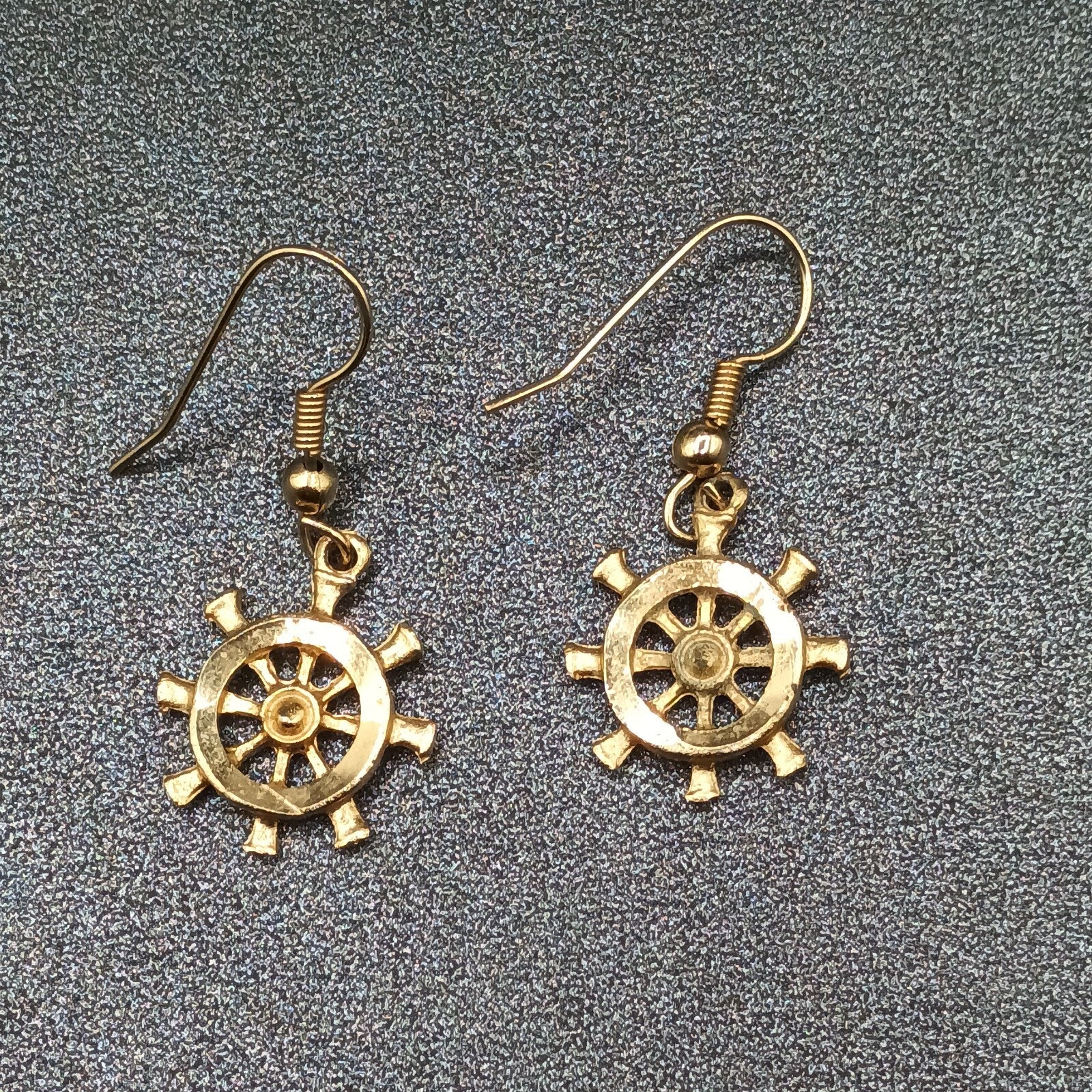 Pierced Earrings Gold tone Ship Wheel Nautical Theme Dangle 3/4"