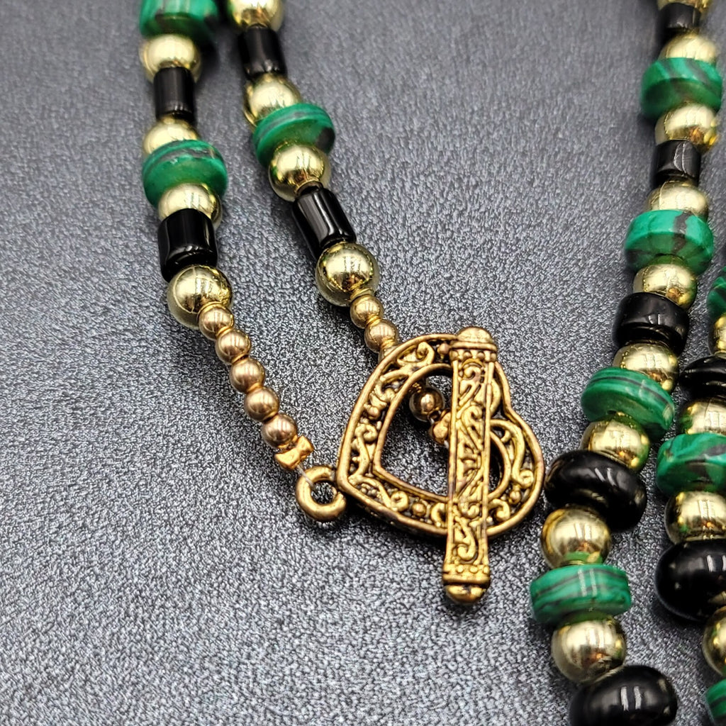 Beaded Necklace Gold tone Faux Malachite Bracelet Earrings Set Jewelry Set 52"