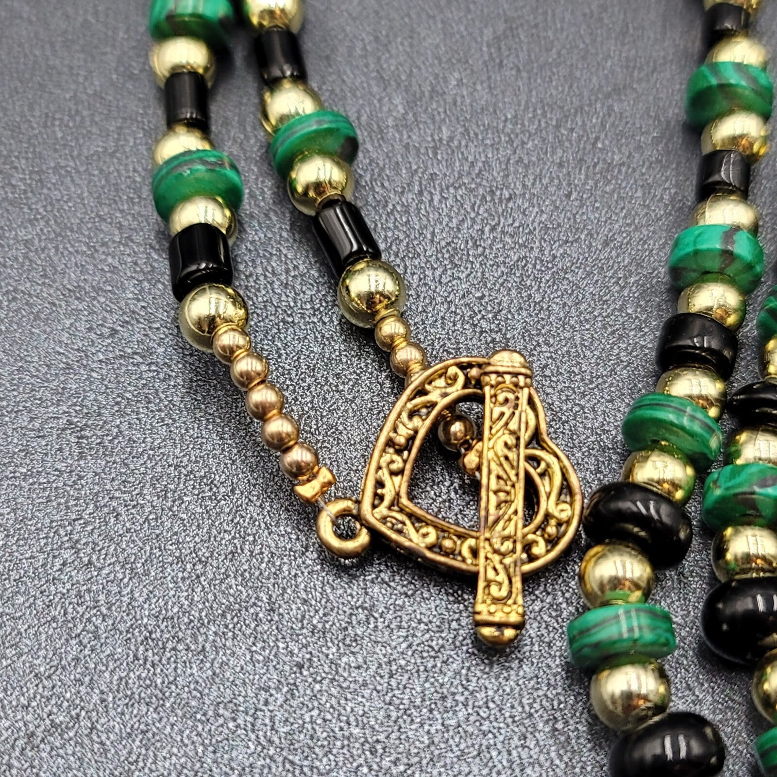 Beaded Necklace Gold tone Faux Malachite Bracelet Earrings Set Jewelry Set 52"