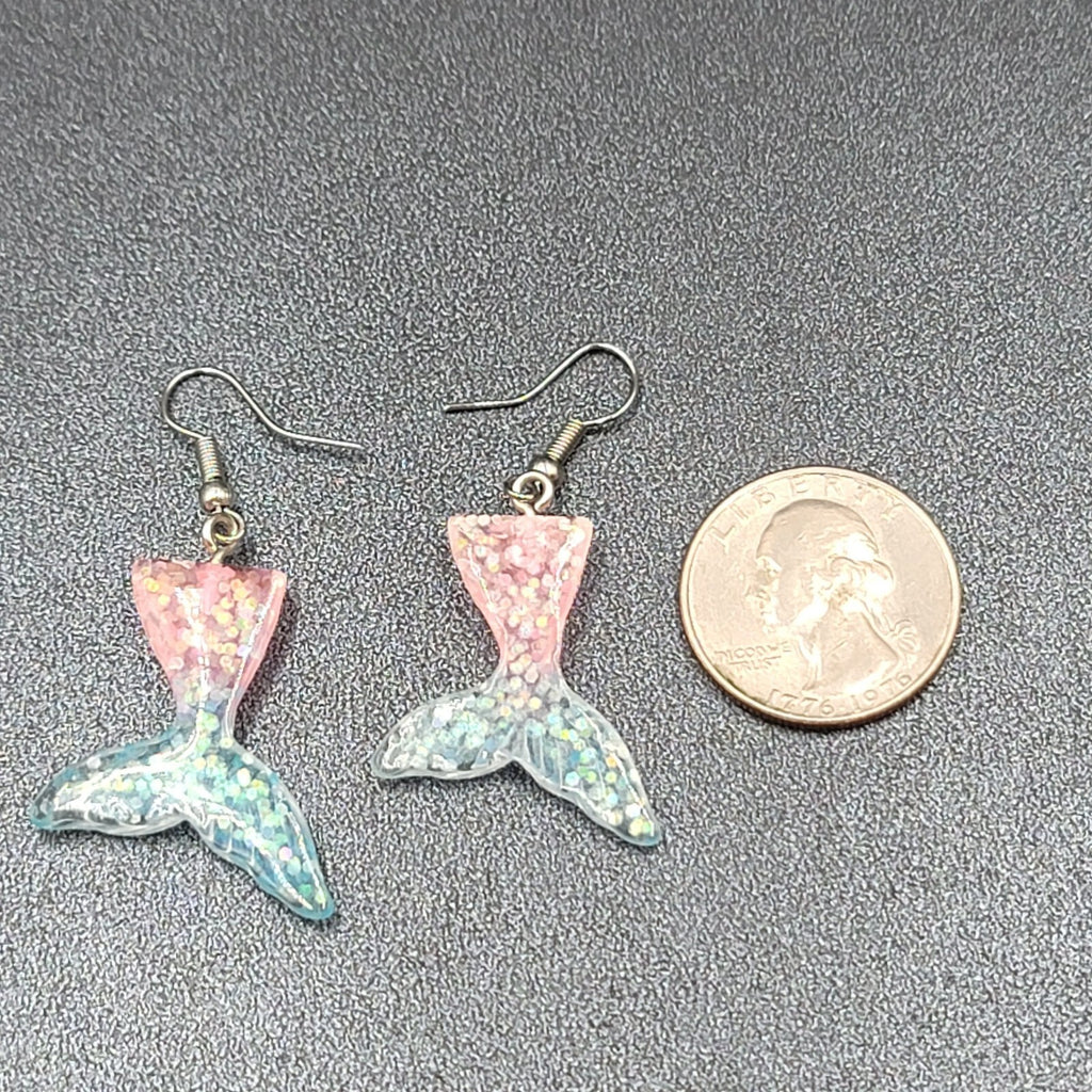 Mermaid Tail Pierced Earrings Pink Blue Glitter Resin Dangle 1.25"