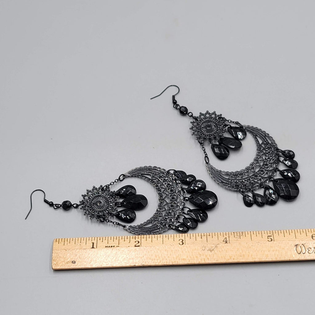 Black Enamel Chandelier Pierced Earrings Beaded Dangle LONG 4"