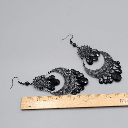 Black Enamel Chandelier Pierced Earrings Beaded Dangle LONG 4"