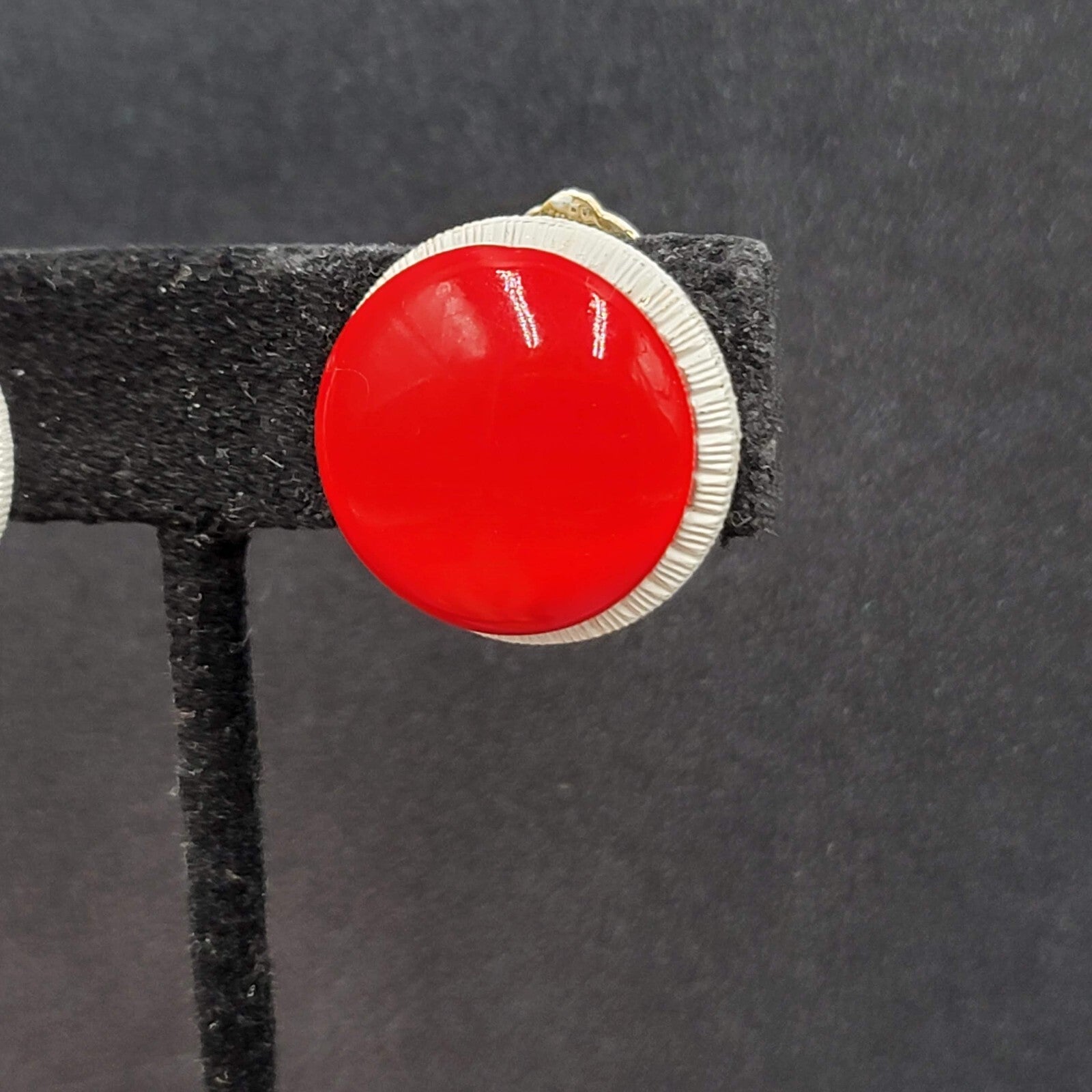 Vintage Clip on Earrings Gold tone Red White Dome Round Studs Hong Kong 7/8"