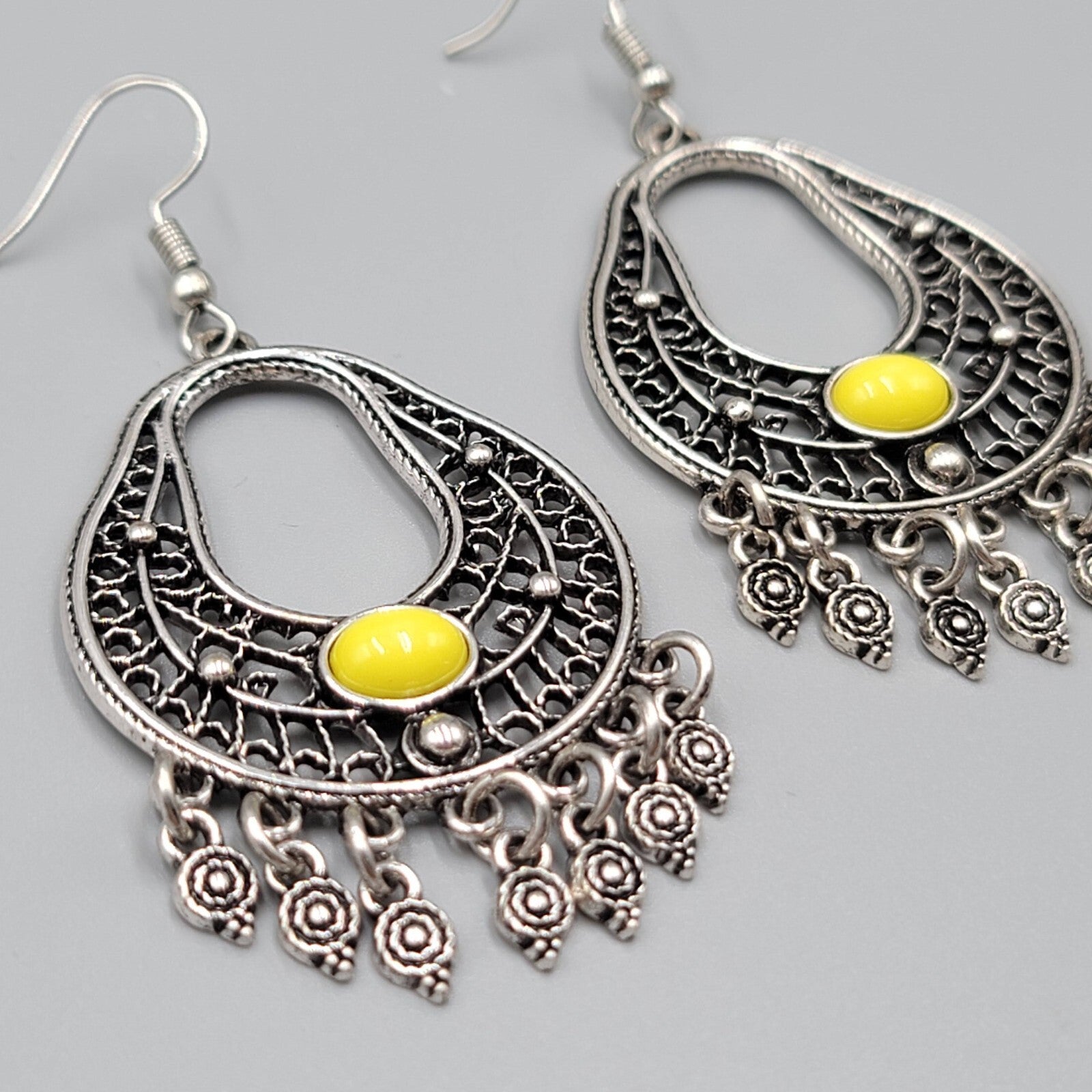 Chandelier Pierced Earrings Silver tone Yellow Accent Dangle 2"