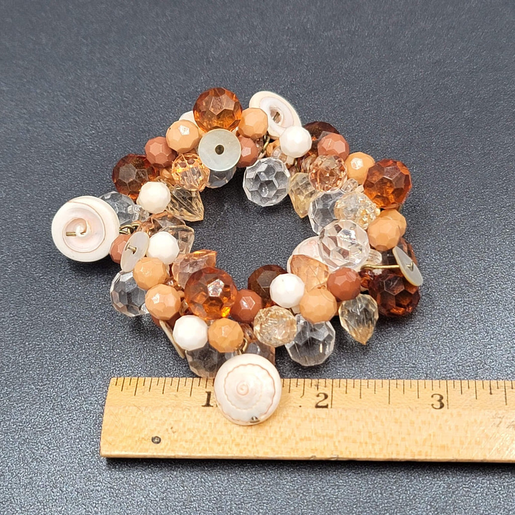 Cluster Bead Bracelet Faceted Acrylic and Shell Browns Creams Stretch Elastic