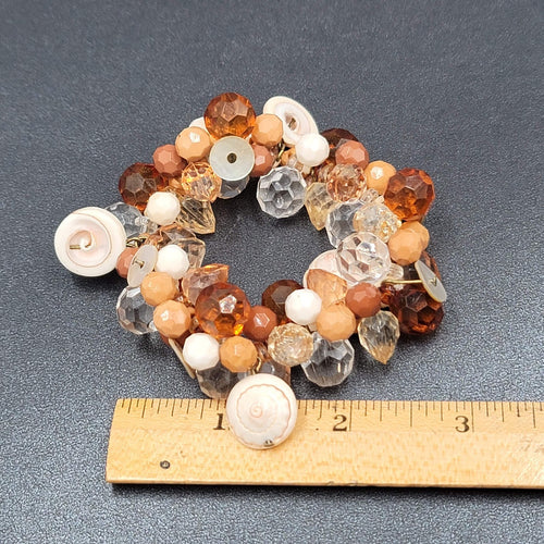 Cluster Bead Bracelet Faceted Acrylic and Shell Browns Creams Stretch Elastic