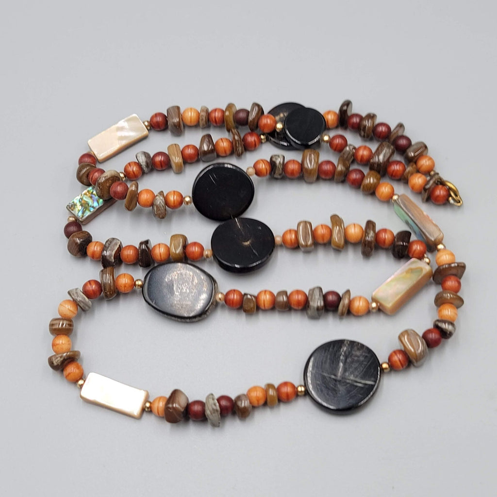 Stone Bead Necklace Abalone Shell Brown Orange Red Long 32"