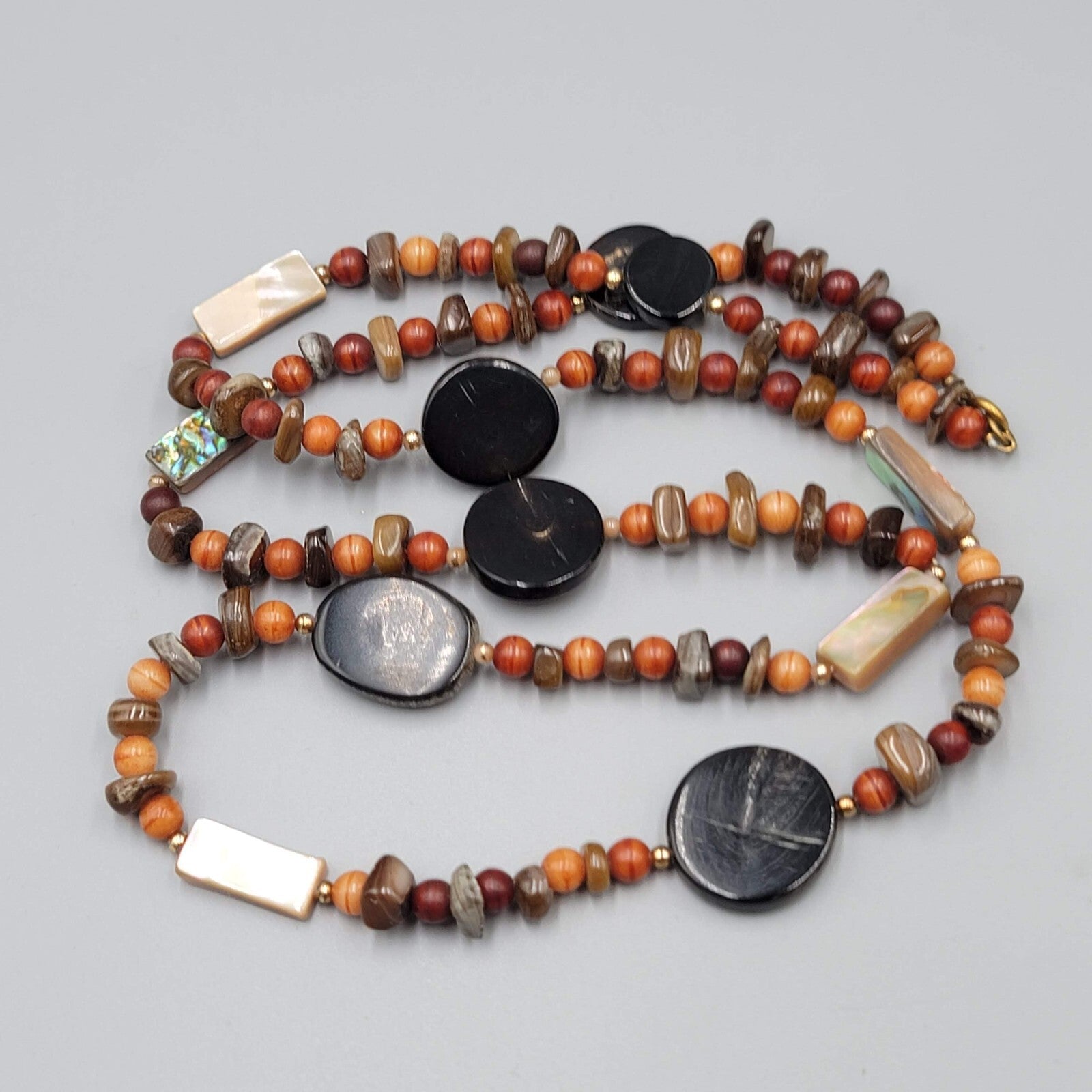 Stone Bead Necklace Abalone Shell Brown Orange Red Long 32"