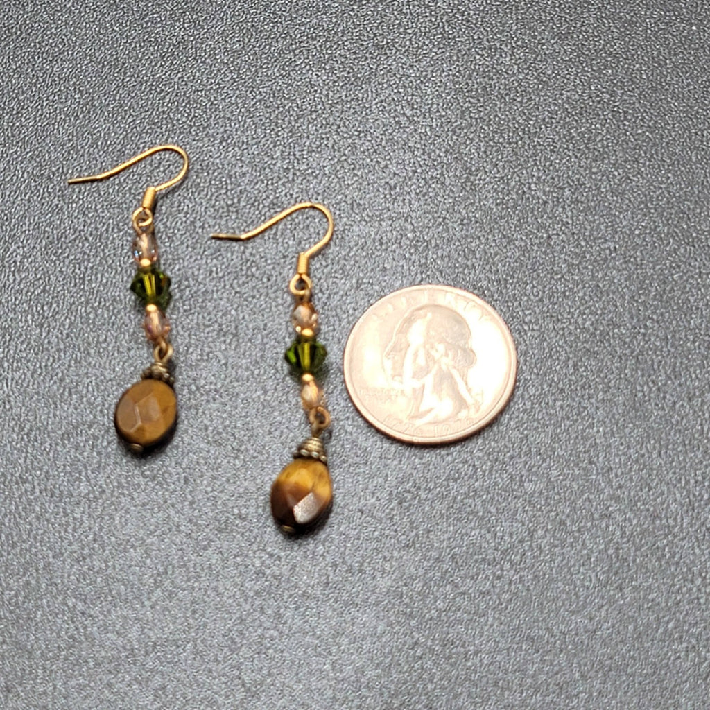 Pierced Earrings Tigers Eye Pink Green Crystal Bead 1.5"
