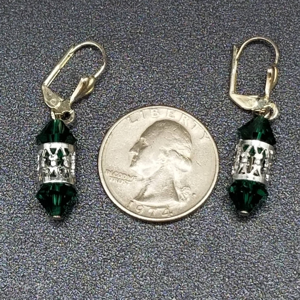 Pierced Earrings Silver tone Open Work Green Faceted Crystal Dangle 7/8"