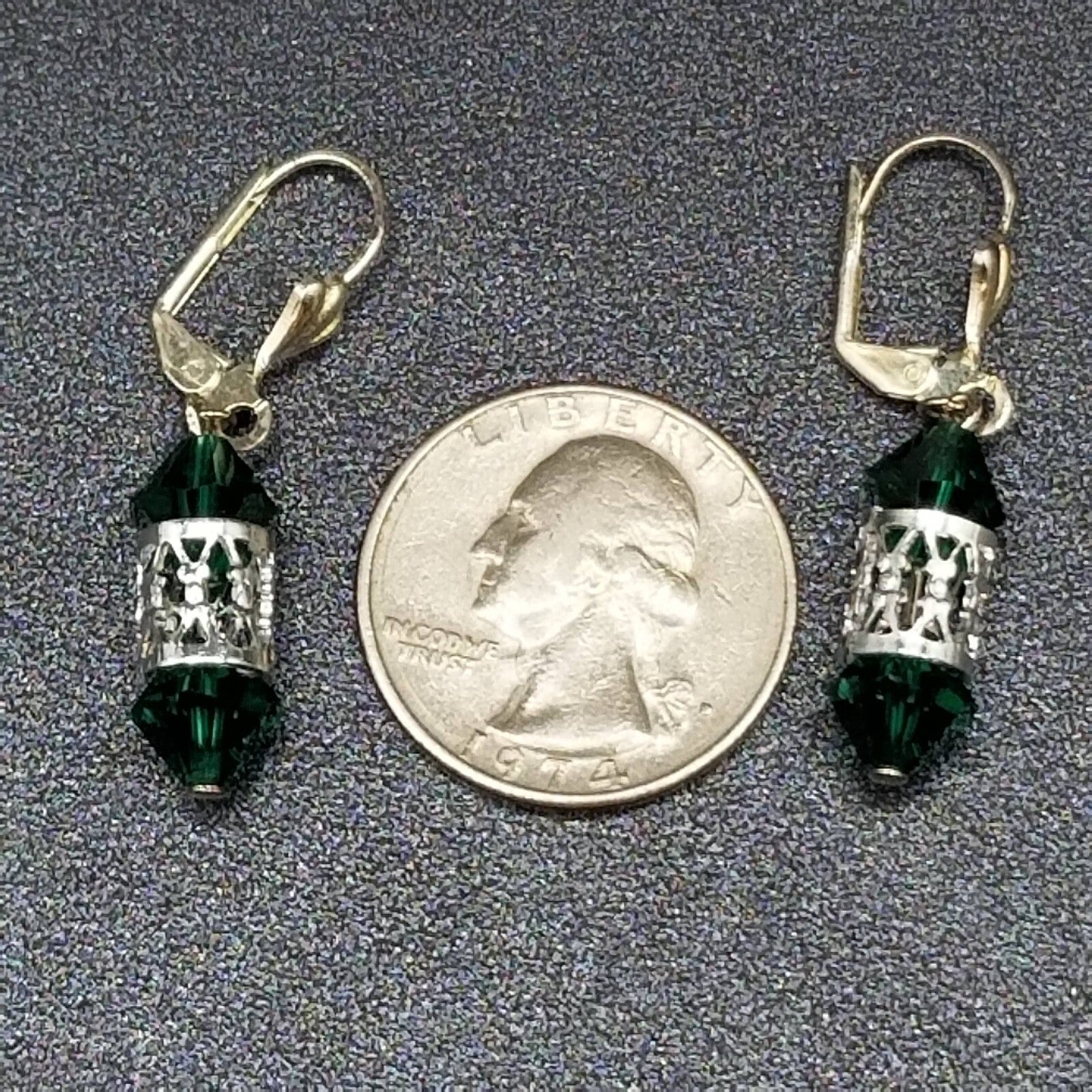 Pierced Earrings Silver tone Open Work Green Faceted Crystal Dangle 7/8"