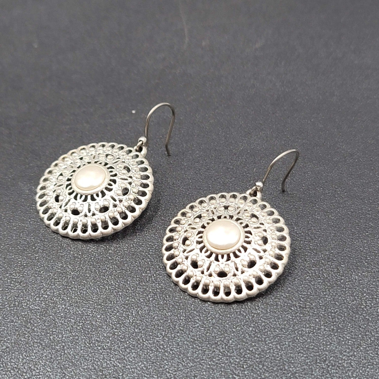 Pierced Earrings Silver tone Faux Pearl Open Work Medallion Dangle 1"