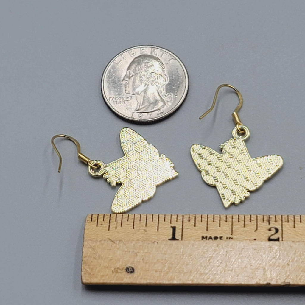 Purple Moon Moth Enamel Pierced Earrings Gold tone Dangle Butterfly 7/8"