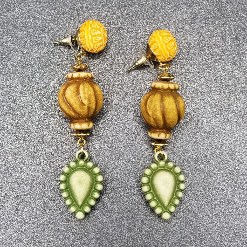Pierced Earrings Neutral Color Beaded Large Statement Dangle 3 1/2"