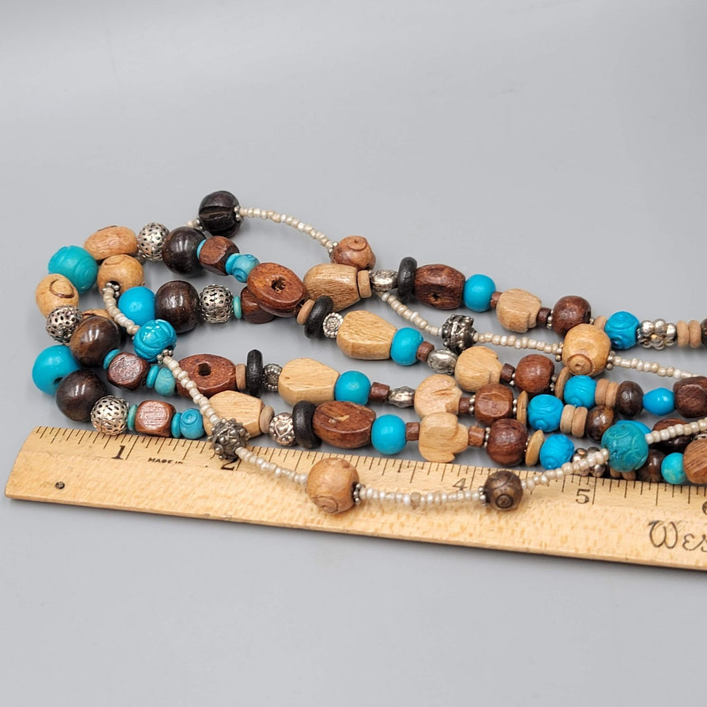 Stephan & Co Multi Strand Wooden Bead Necklace Silver Tone Boho Layered 18 Inch